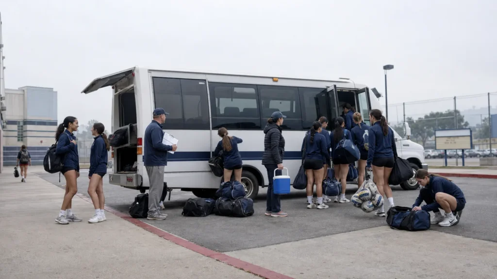 High school volleyball team loading gear onto a charter minibus for an away game in Los Angeles