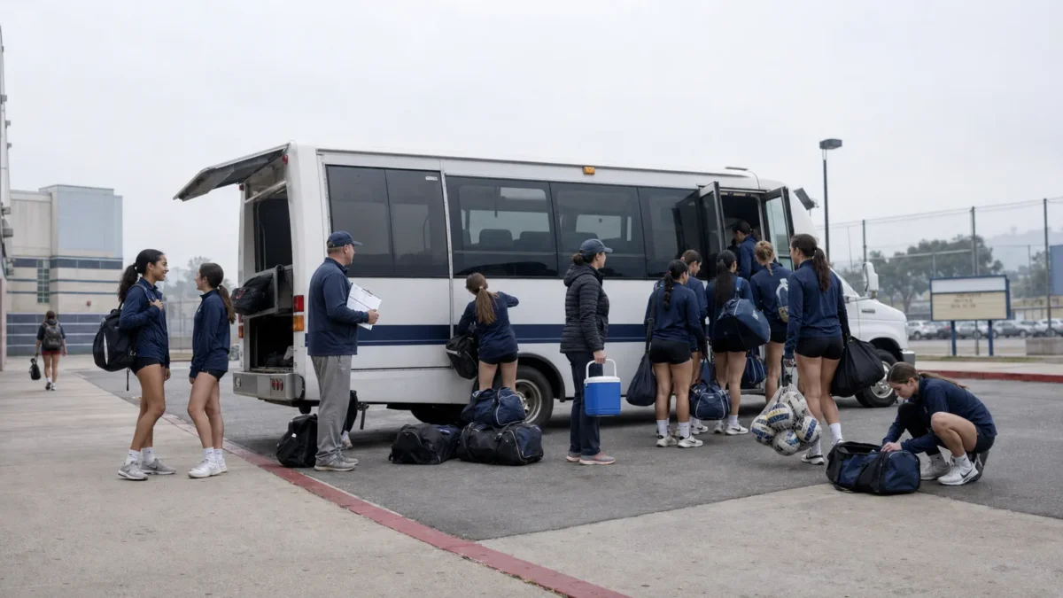 High school volleyball team loading gear onto a charter minibus for an away game in Los Angeles