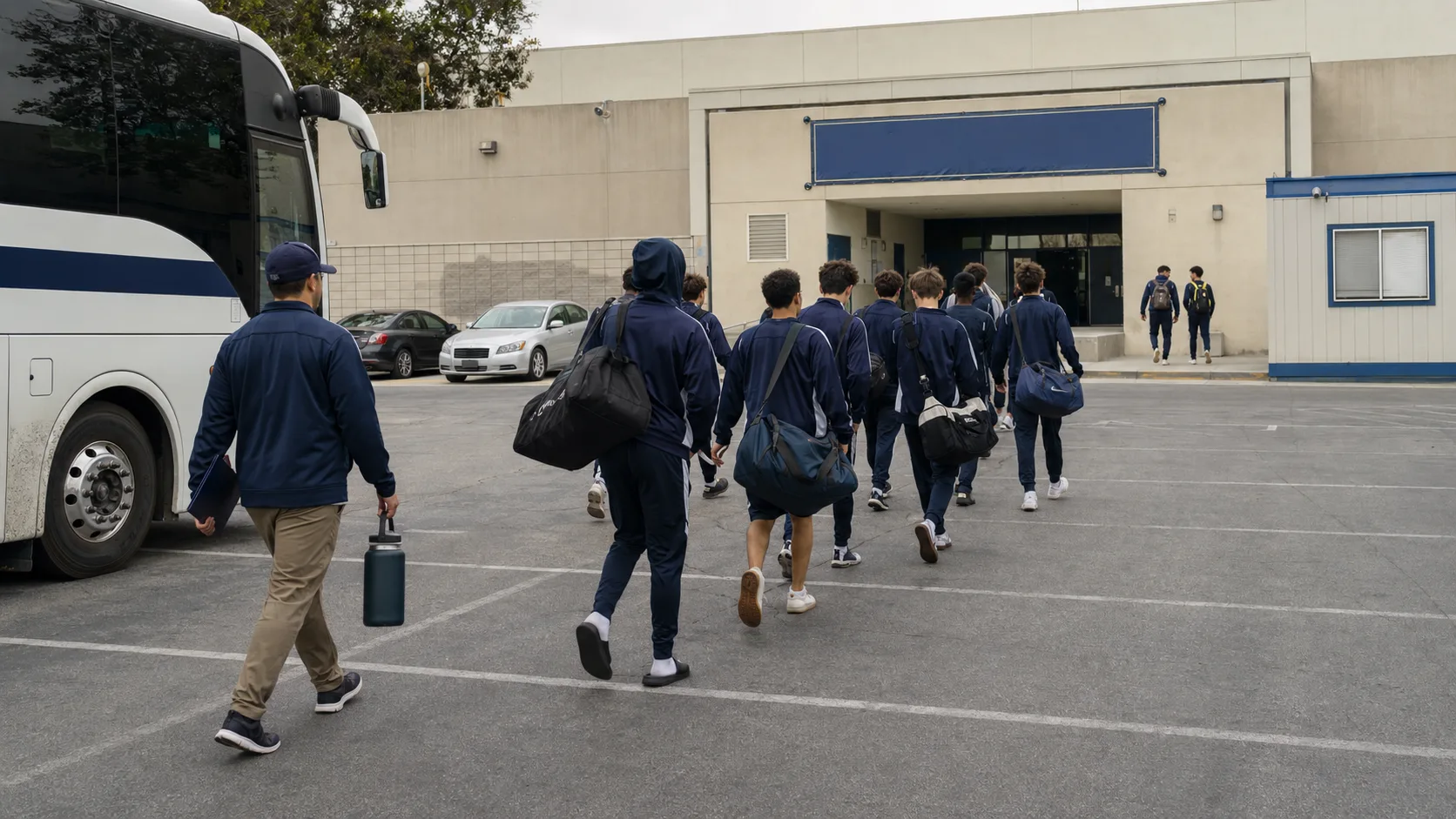 School sports team arriving by charter bus at an away game gymnasium in Los Angeles