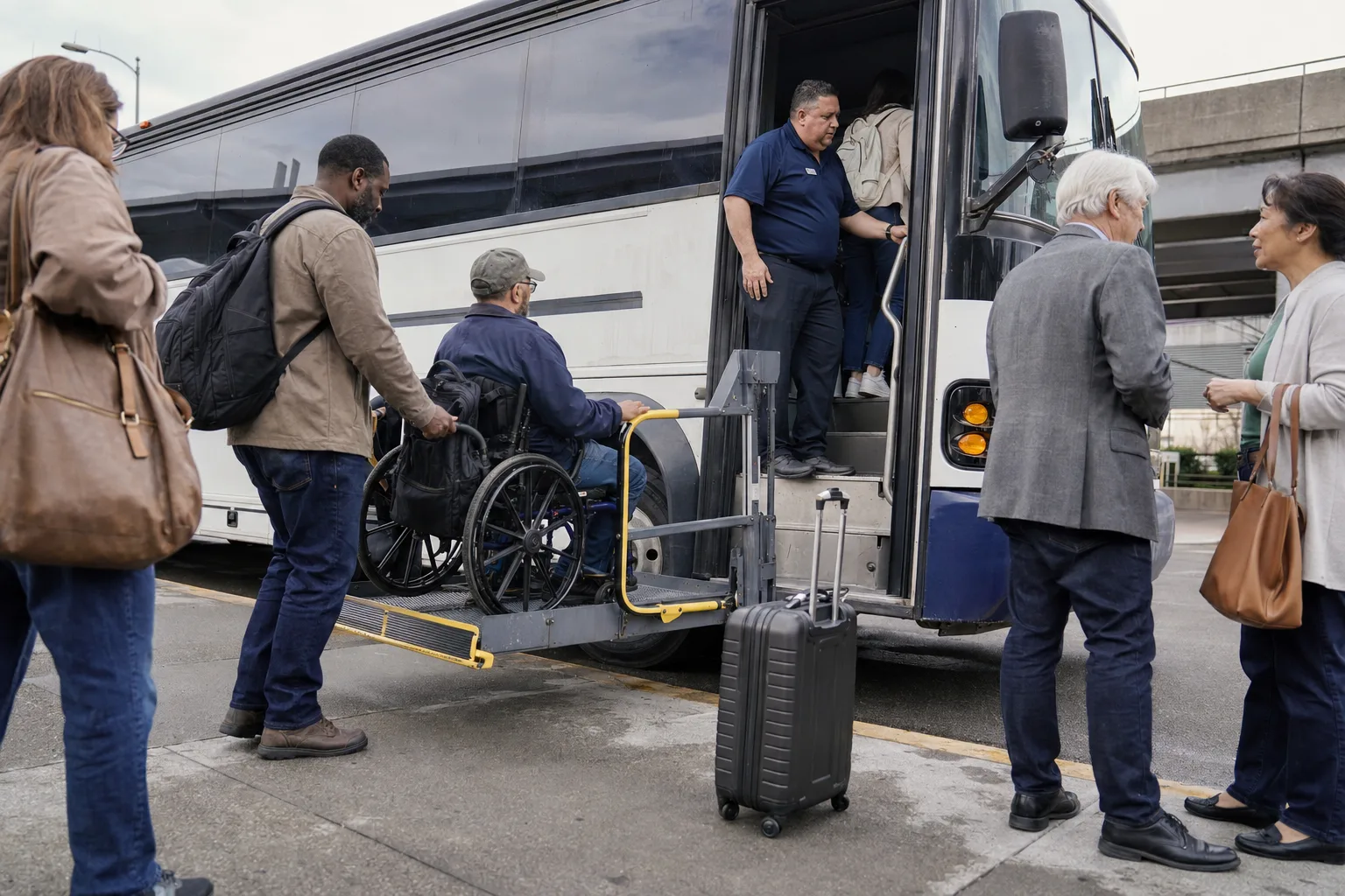 Wheelchair-accessible boarding on a charter bus for a Los Angeles tour group