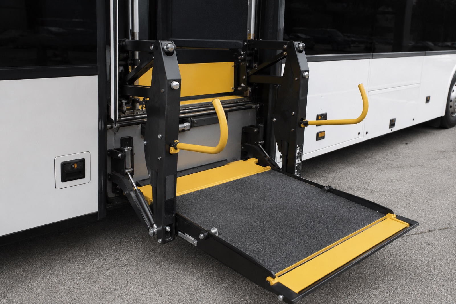 Wheelchair-accessible lift deployed on a charter bus for ADA-accessible school field trip transportation in Los Angeles