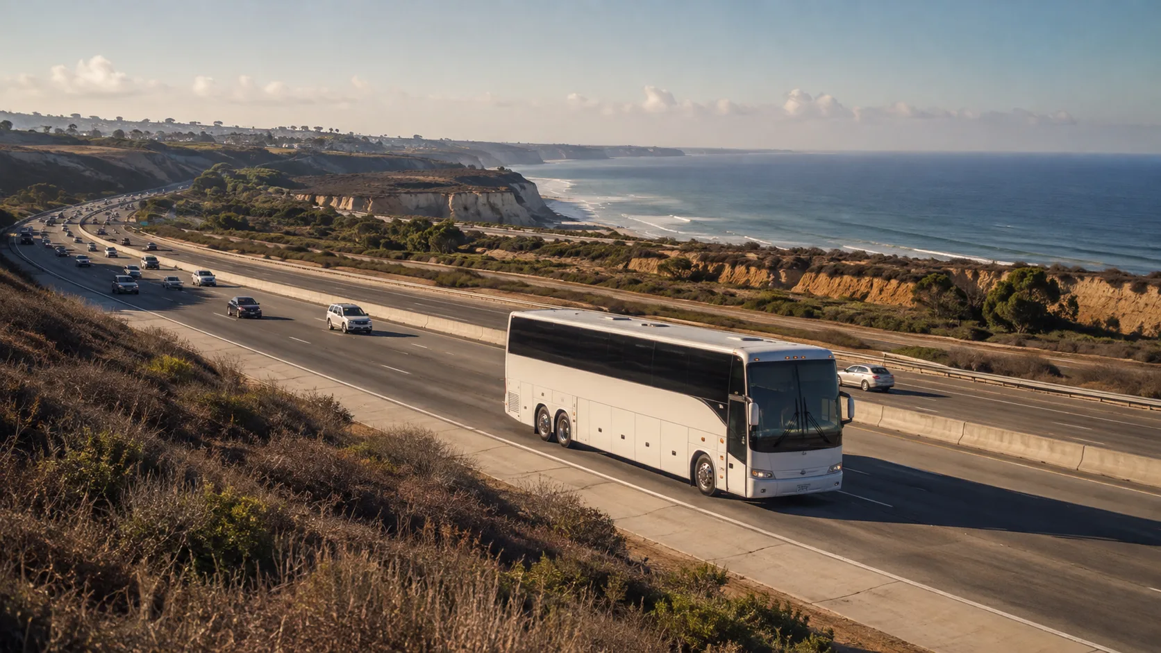 Charter bus on the I-5 freeway traveling between Los Angeles and San Diego