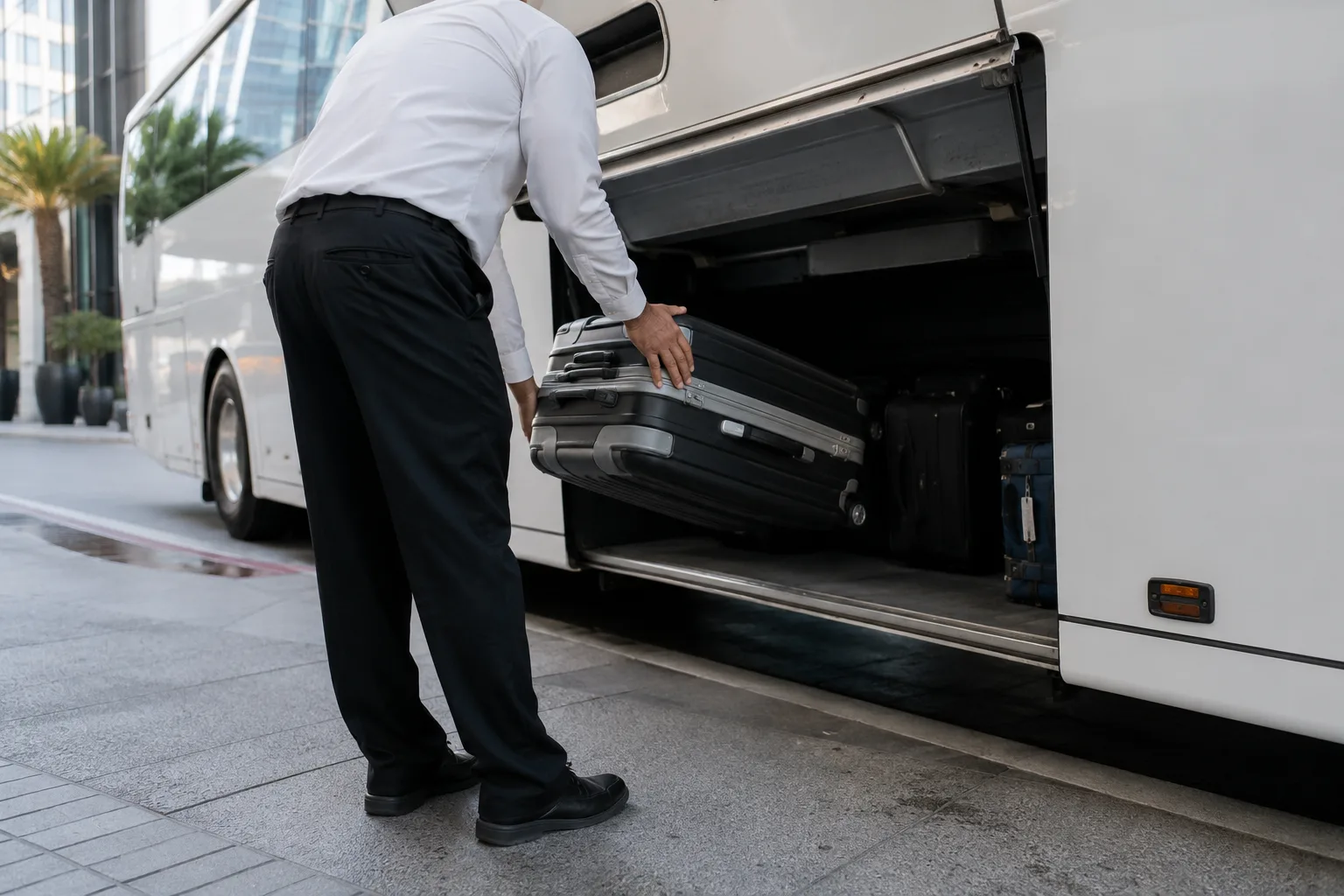 Group boarding a charter bus in Los Angeles for a trip to San Diego