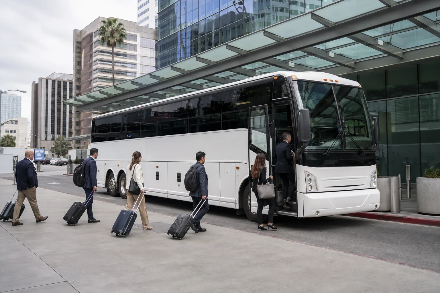 Charter bus picking up a group outside the Los Angeles Convention Center for a trade show