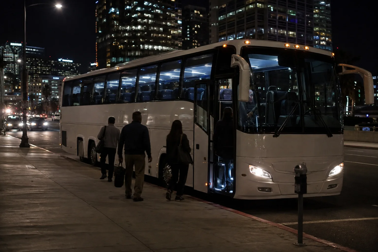 Charter bus at night picking up attendees after a Los Angeles Convention Center evening event