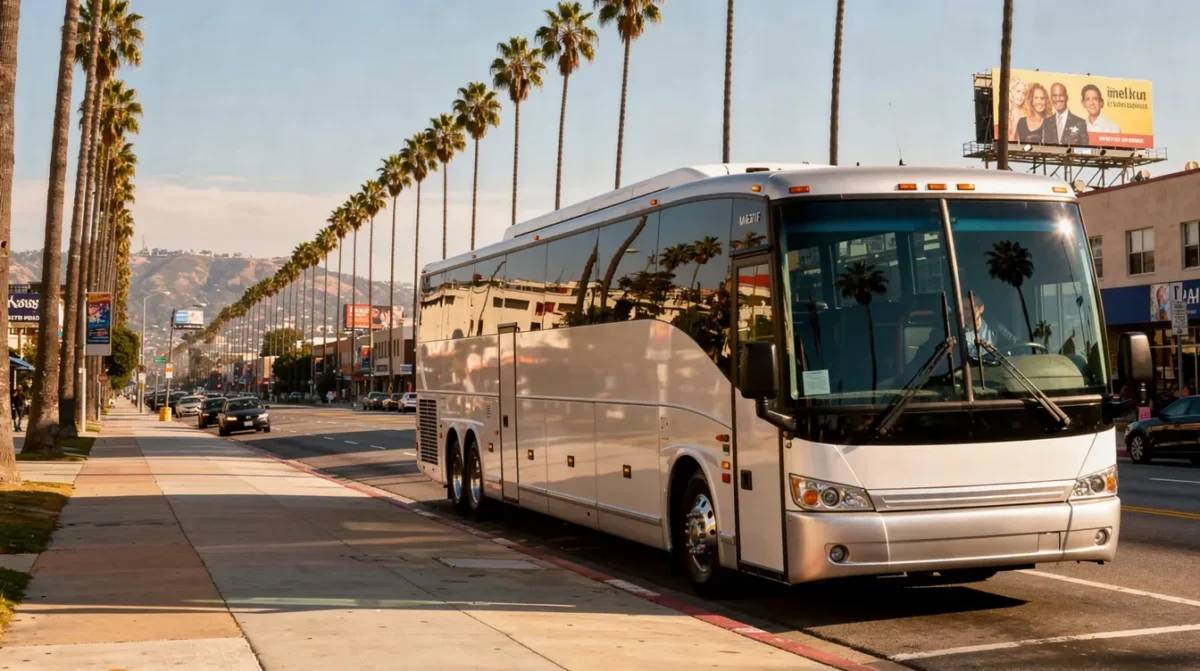 Charter bus for a Disneyland and Universal Studios group trip driving through a Los Angeles neighborhood