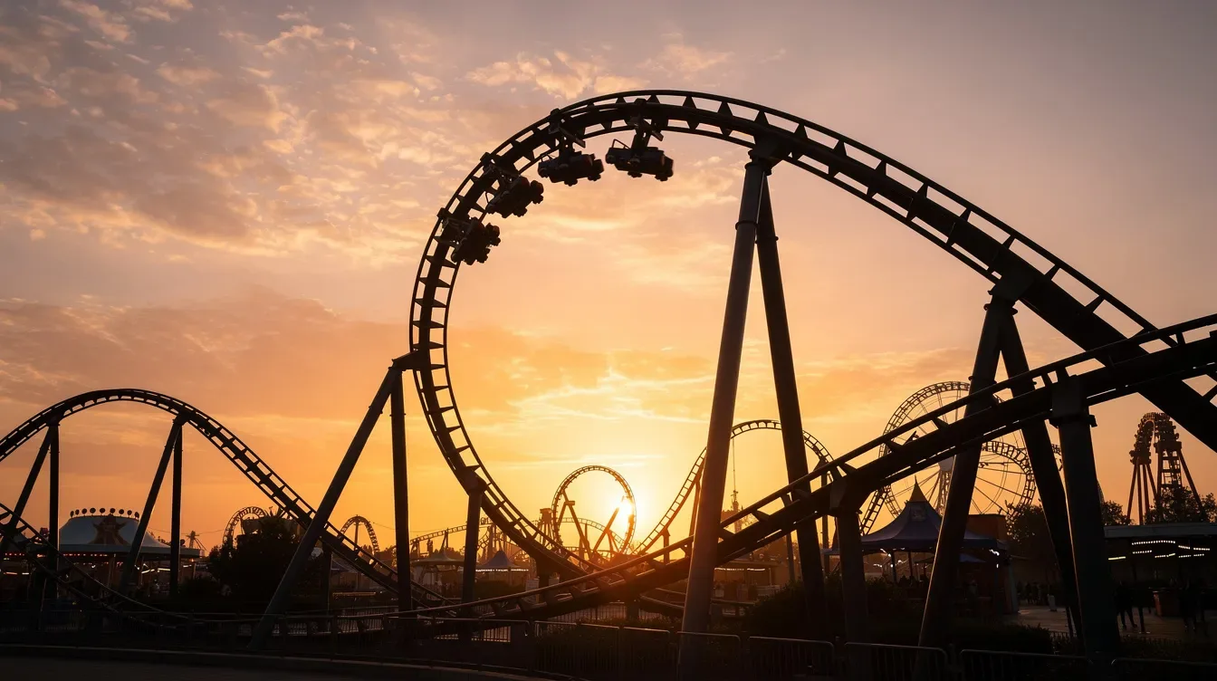 Roller coaster silhouette at sunset representing a Disneyland and Universal Studios theme park group trip