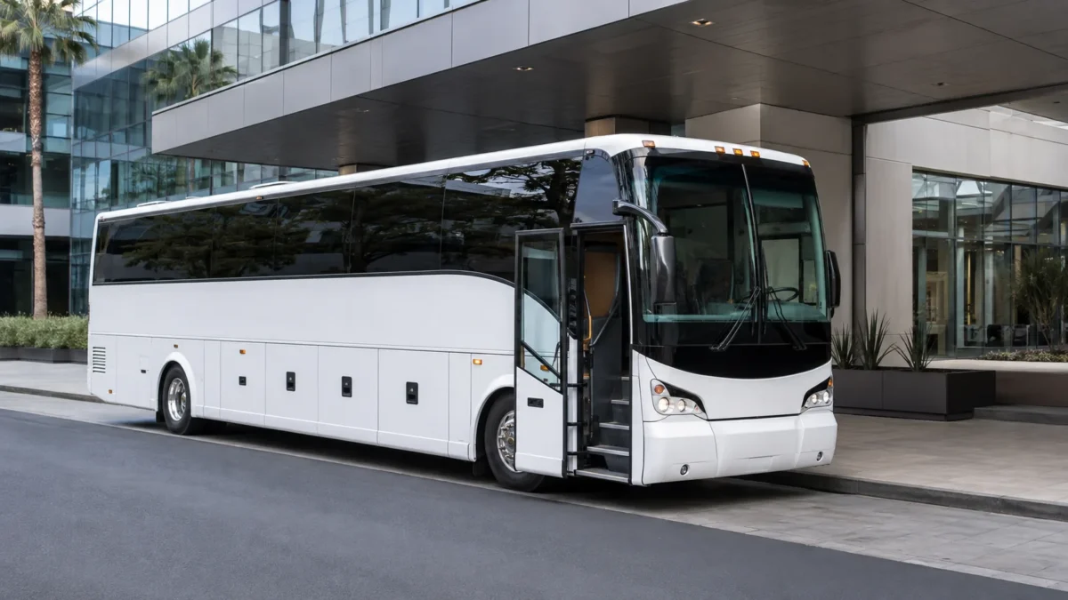 Charter bus staged outside a modern Los Angeles corporate building for a DMC ground transportation program