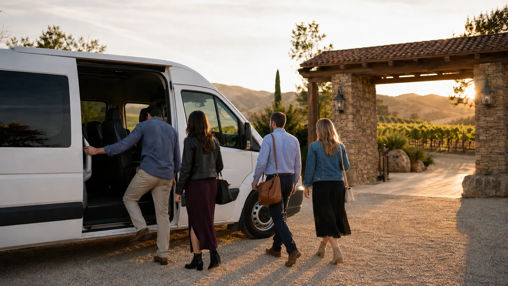 Group boarding a shuttle van outside a Temecula winery entrance at golden hour