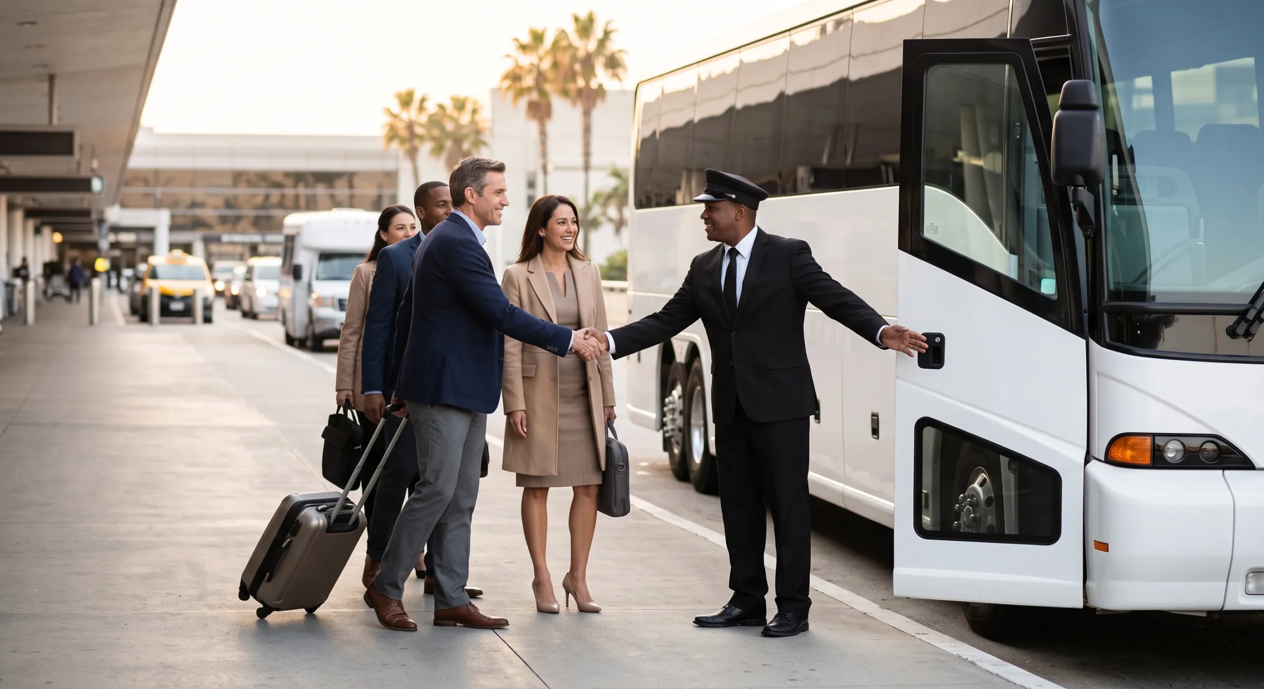 Professional driver greeting corporate travelers at Los Angeles airport for incentive travel transportation