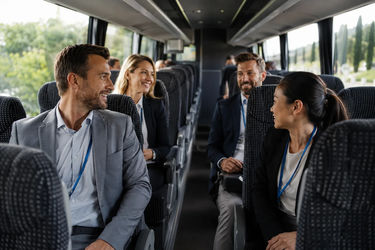 Business travelers chatting on a comfortable charter bus during an incentive travel program in Los Angeles