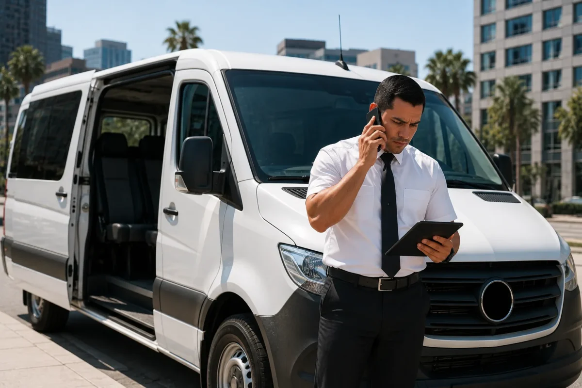 Driver coordinating an urgent last-minute charter bus request in Los Angeles