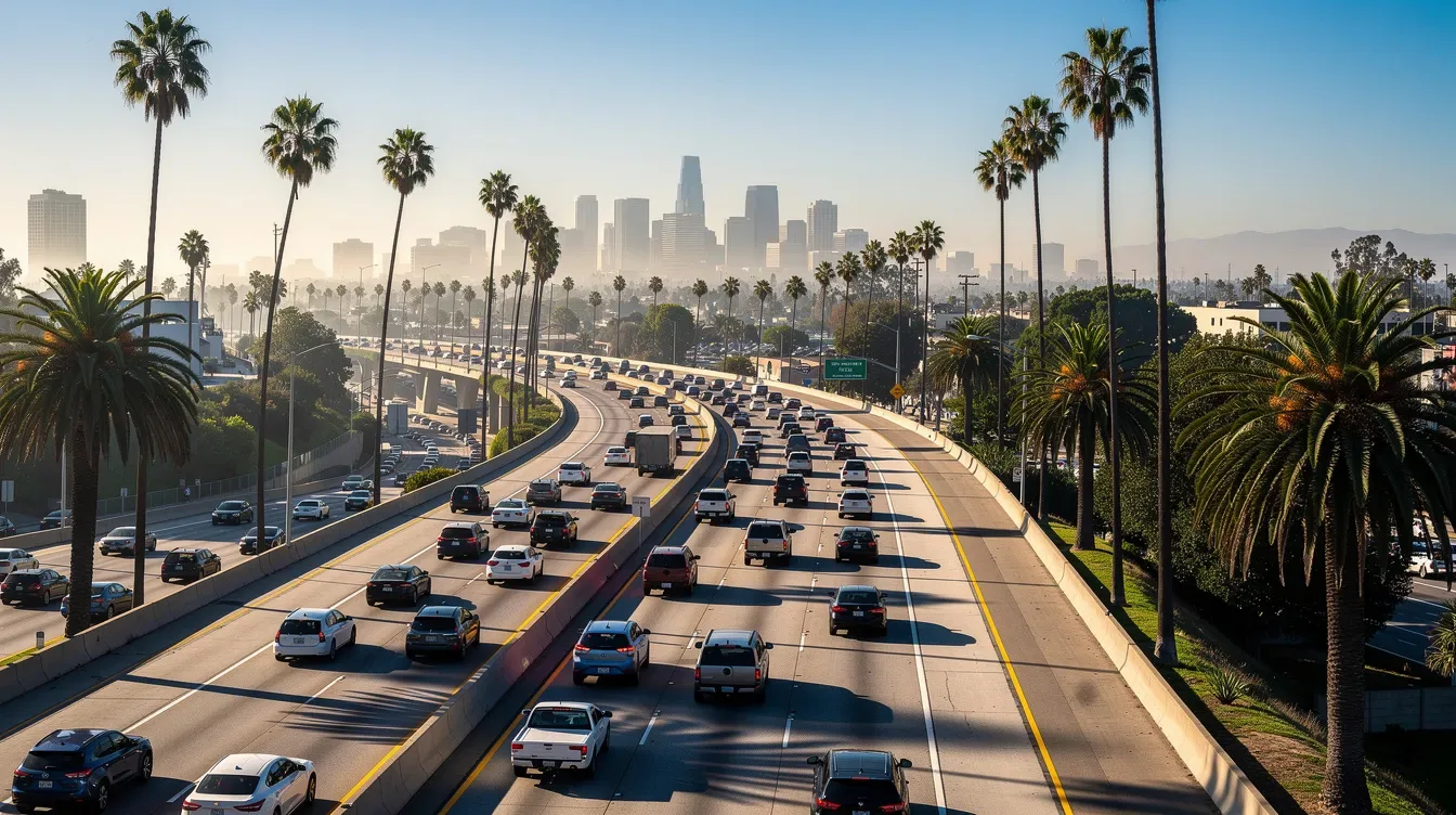 Los Angeles freeway traffic between Anaheim and Universal Studios that a group charter bus avoids