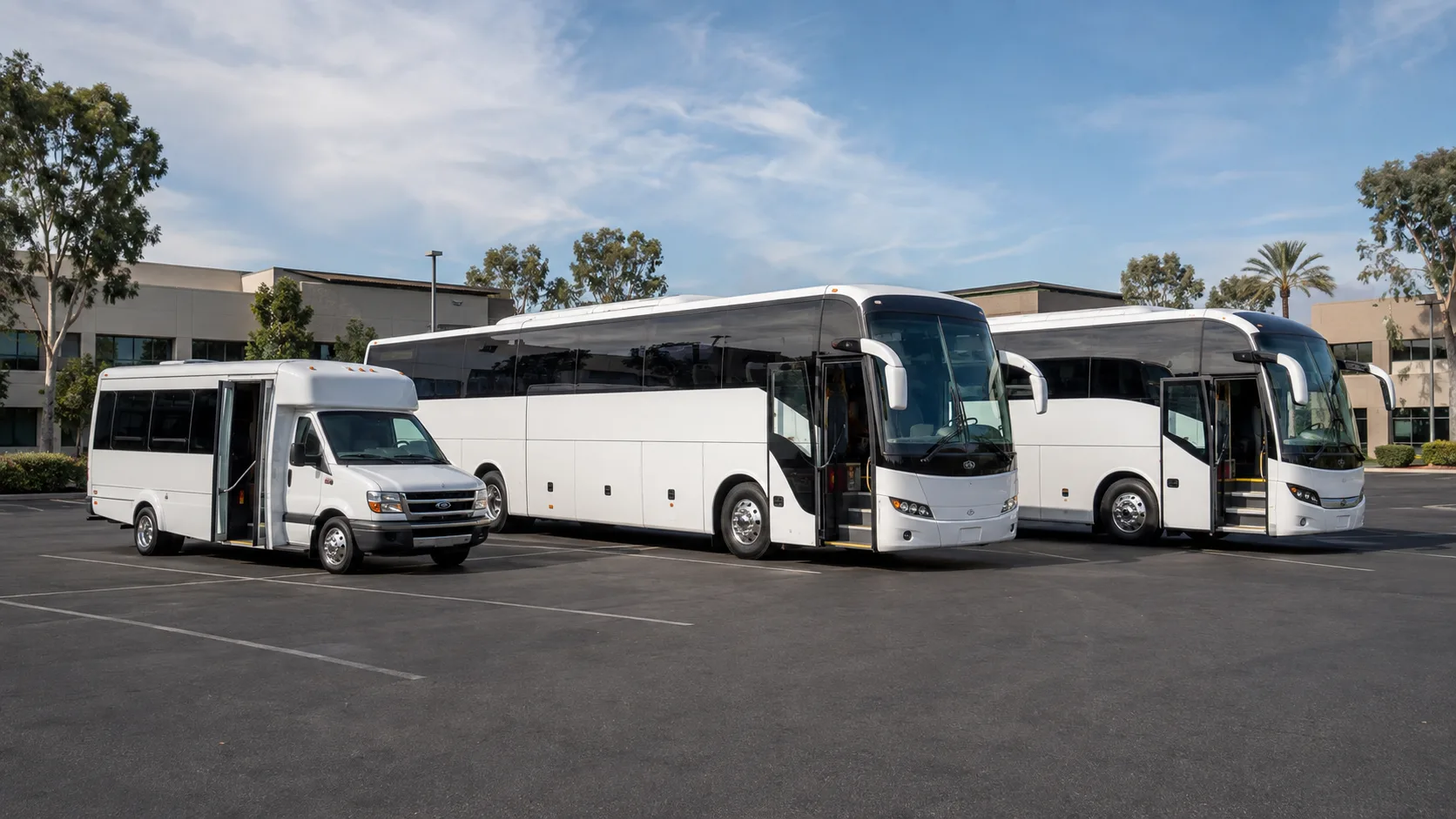 Fleet of coaches and minibuses staged together for a large group departure in Los Angeles