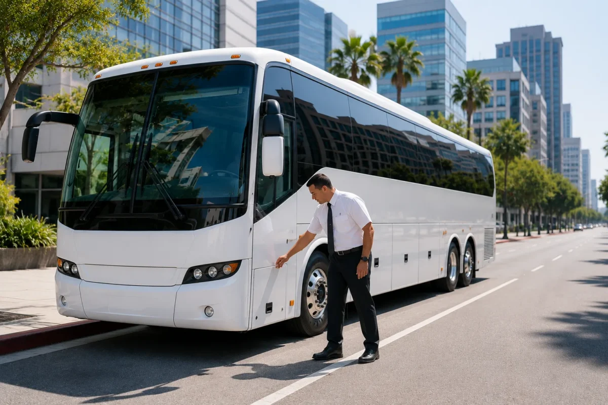 Professional driver doing a pre-trip inspection of a motorcoach rental in Los Angeles