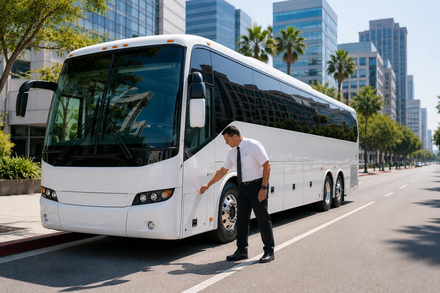 Professional driver doing a pre-trip inspection of a motorcoach rental in Los Angeles