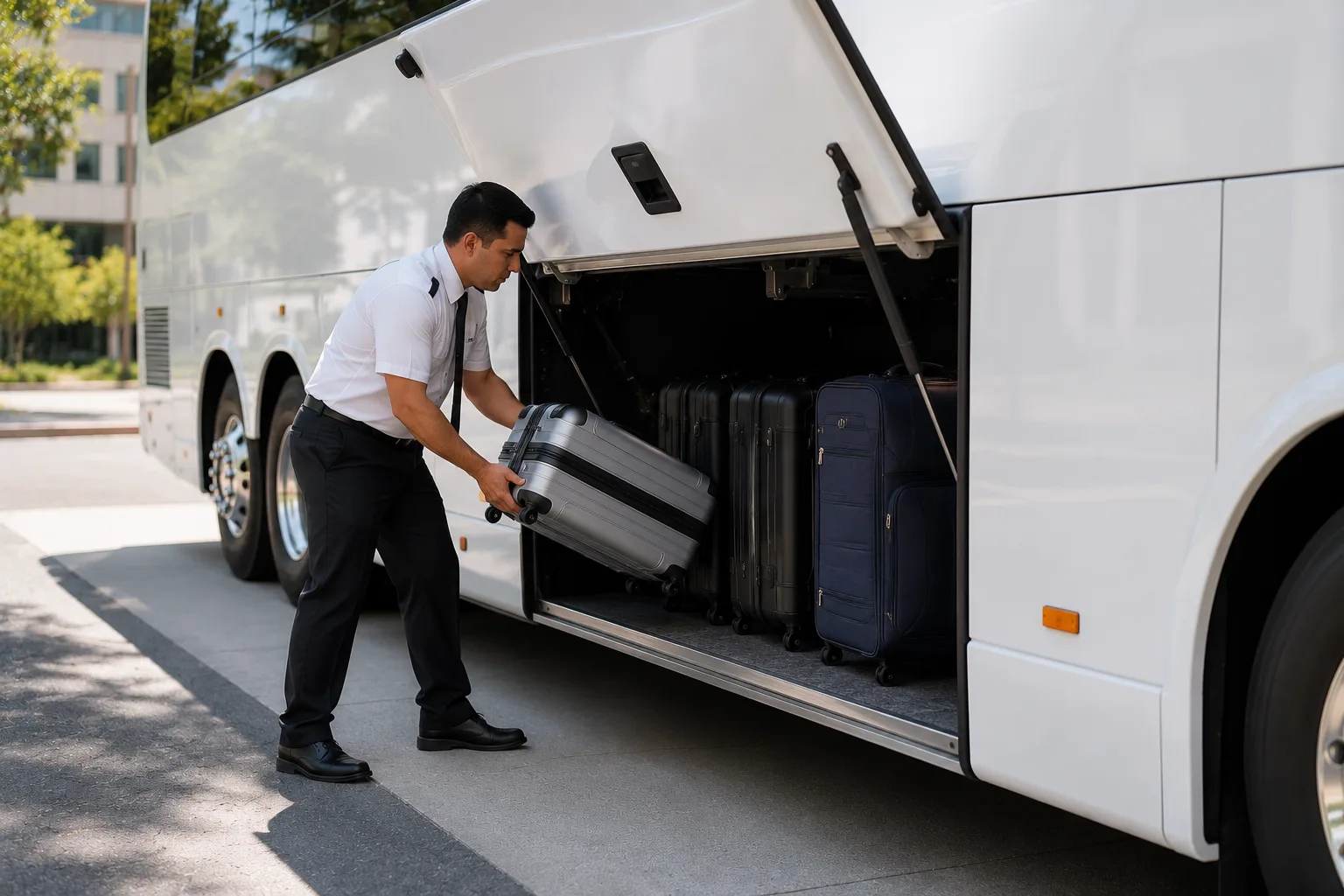 Driver loading luggage into a motorcoach rental in Los Angeles