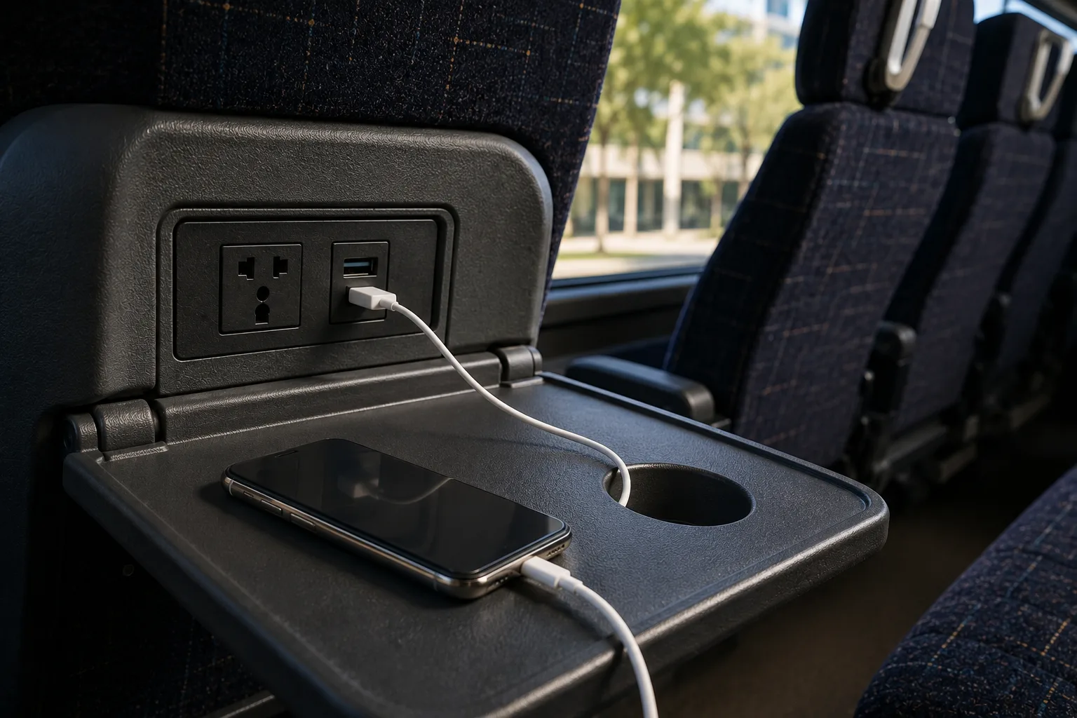 Power outlet and USB charging port on a Los Angeles motorcoach rental