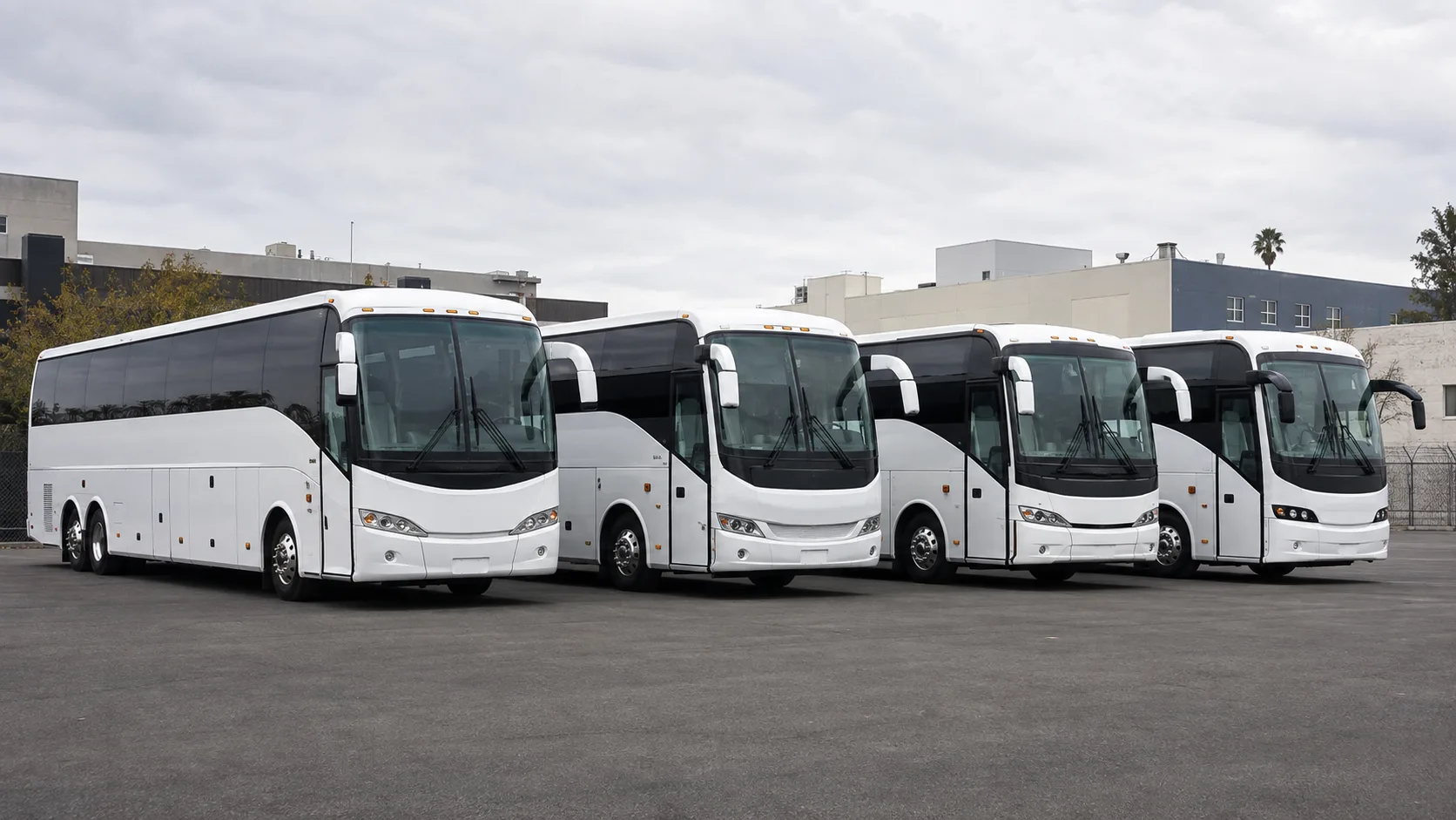 Multiple charter buses lined up together for a large group event in Los Angeles