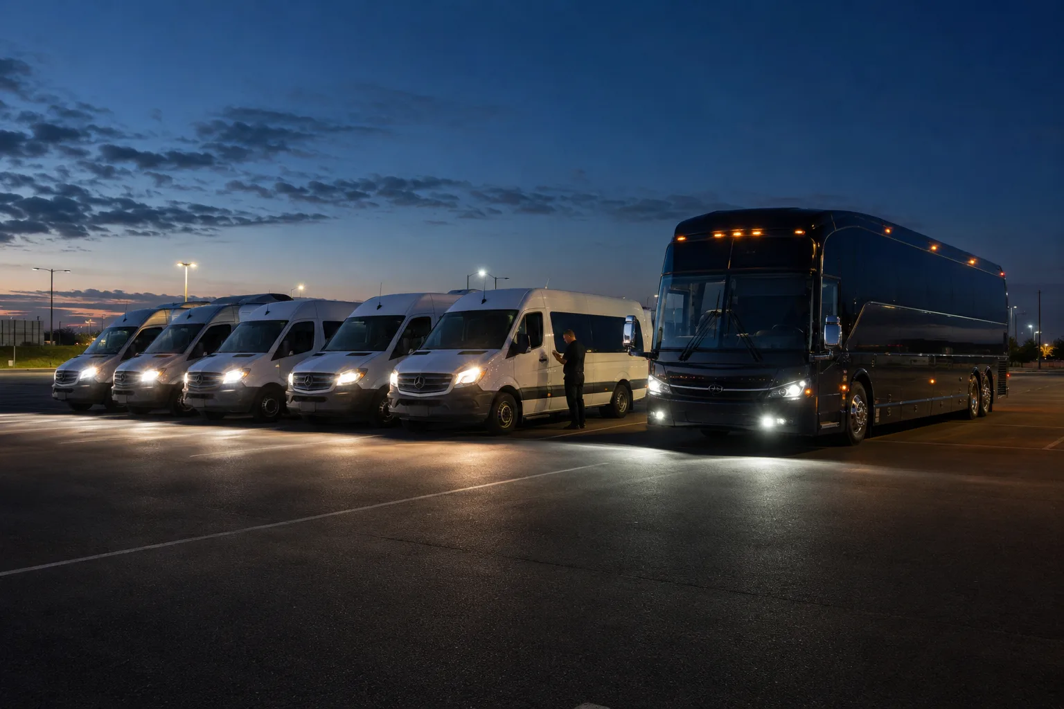 Fleet of production crew transportation vehicles staged at a basecamp before sunrise in Los Angeles