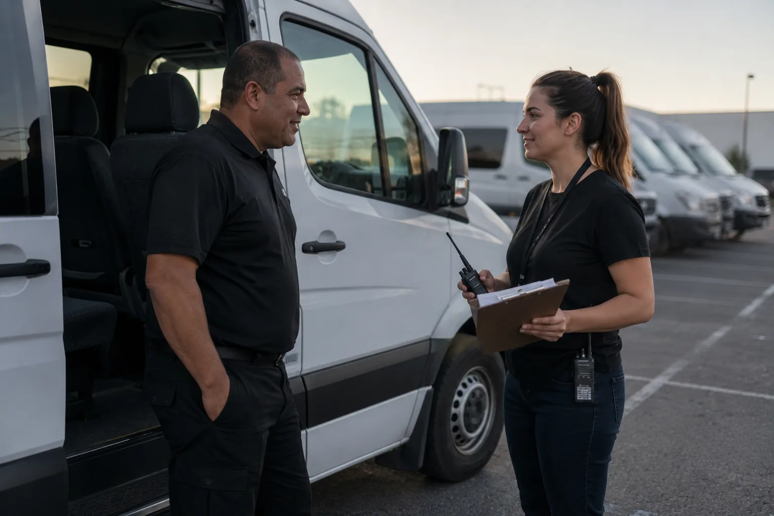 Driver checking in with a production transportation coordinator in Los Angeles