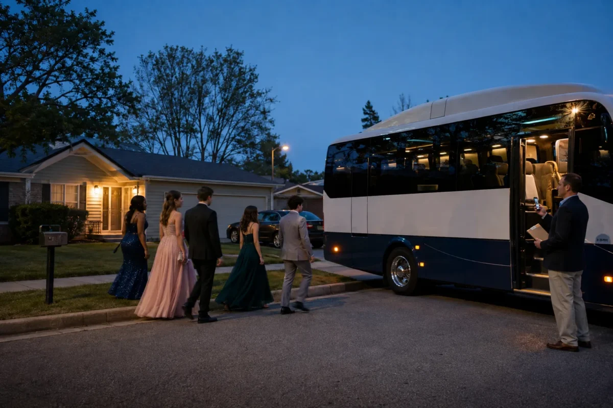 High school students in prom formalwear boarding a charter bus outside a home in Los Angeles at dusk