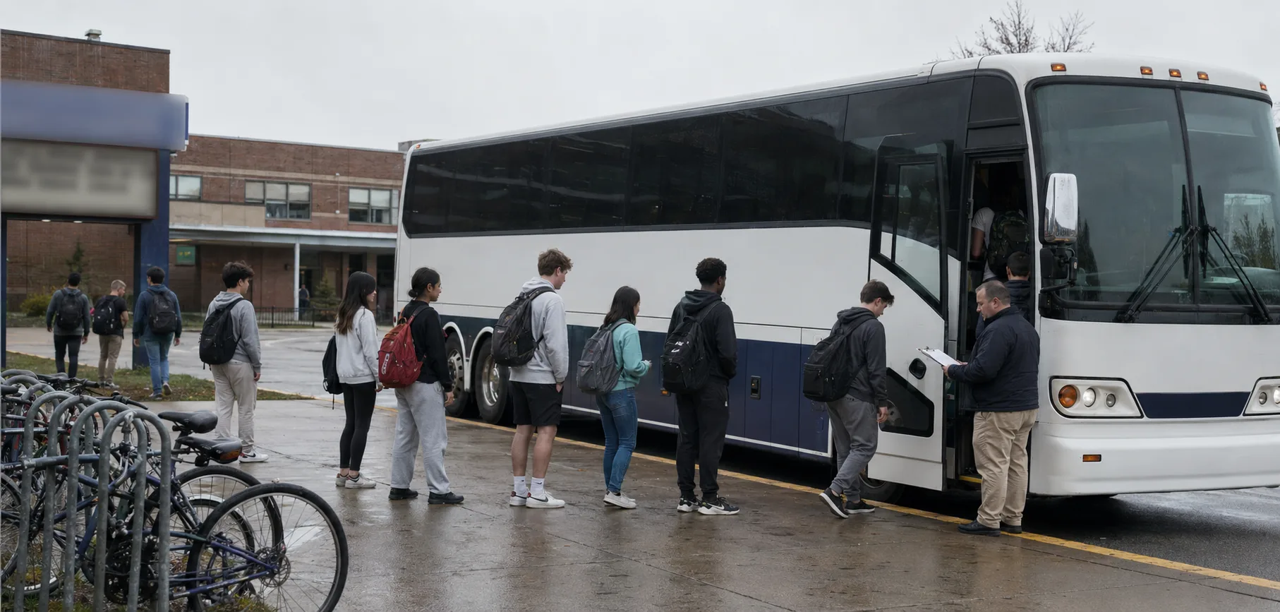 Students boarding a charter bus at a Los Angeles school